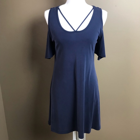 🎄 New Francesca’s Alya Cold Shoulder Dress Blue XS - Picture 2 of 5